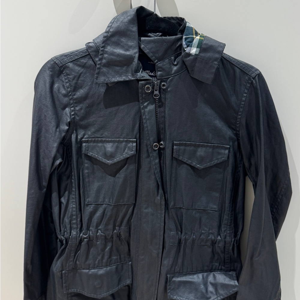 Madewell Black Rain Utility Jacket with Plaid Trim